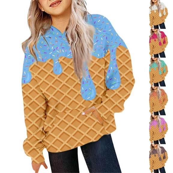 Gelikeya Ice Cream Hoodies for Teen Girls Cute Preppy Ice Cream Sweatshirts Pocket Oversized Long Sleeve Pullover Tops 2-13Y (Blue, 3-4 Years)