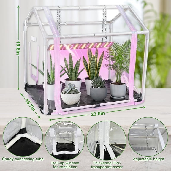 Mini Greenhouse with Grow Light for Indoor, PVC Planting Tent with Waterproof Mat & Zipper Door,15W Full- LED Plant Grow Light and Timer for Seed Starter Tray for Indoor and Outdoor Plants