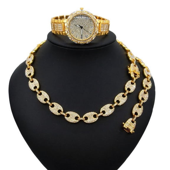 18KT Men's Watch Set Iced Out Hip Hop Luxury Micro Pave 3 Pieces set Includes Necklace Bracelet & Watch