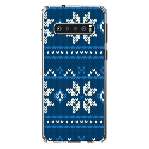 DistinctInk Clear Shockproof Hybrid Case for Samsung Galaxy S10 (6.1" Screen) - TPU Bumper, Acrylic Back, Tempered Glass Screen Protector - Blue White Ugly Hannukah Sweater