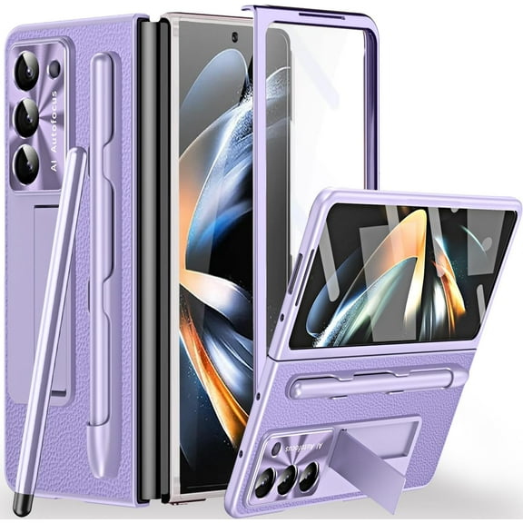 Compatible for Samsung Galaxy Z Fold 5 Case with S Pen, Stylus Pen with Pen Holder Tempered Glass Screen Protector Plating All-Inclusive Leather Case for Galaxy Z Fold 5 2023(Purple)