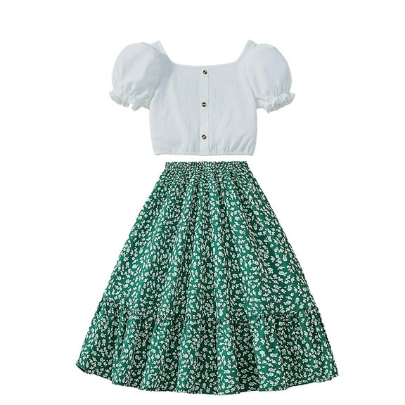 Toddler Girls Outfit Solid Color Puffy Sleeve Cute Blouse Floral Long Skirt Set Clothing Sets,Size 7 Years-8 Years