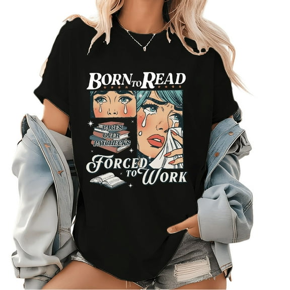 Womens Retro Born to Read Forced to Work Acotar Graphic Tees Funny Book Addic Pattern Tops for Daily Outfits Black,L