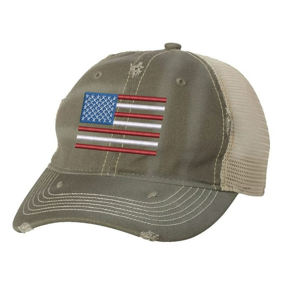 Distressed American Flag Trucker Hat - Vintage Patriotic Cap - Embroidered USA Design - Mesh And Strapback (Olive)