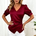 thumbnail image 5 of Pounoo Women's Tops Satin V-Neck Wrap Front Short Sleeve Blouses Elegant Office Vibe Lightweight Stretchy Slim Fit Outfits Gift, 5 of 7