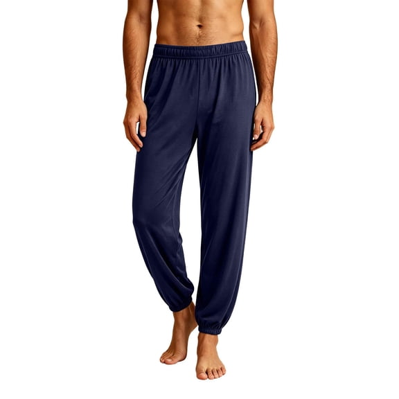 TKKCS Mens Modal Jogger Sleep Pants- Elastic Waist Loose Fit Lounge Casual Cuffed Ankle Soft Pajama Bottoms Navy Size XL