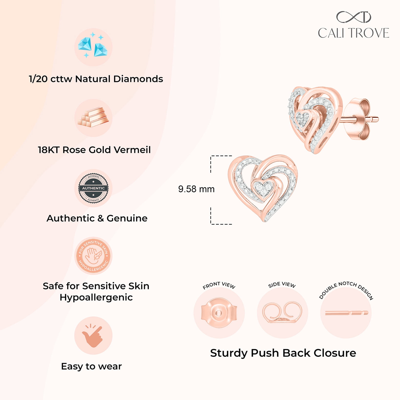 18KT Rose Gold Vermeil on 925 Sterling Silver Diamond Twist Heart Stud Earrings for Women, 1/20 Ct