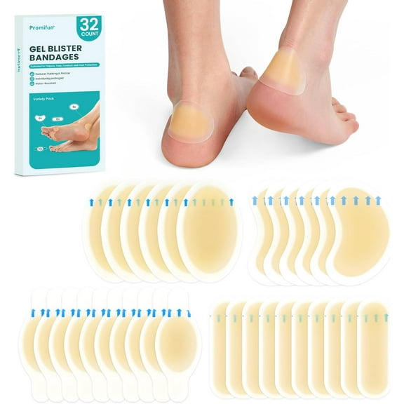 Promifun 32ct Hydrocolloid Gel Blister Bandages Pads Waterproof Adhesive Blister Bandages Prevention Recovery Blister Pads for Heel,Multi Size,Beige