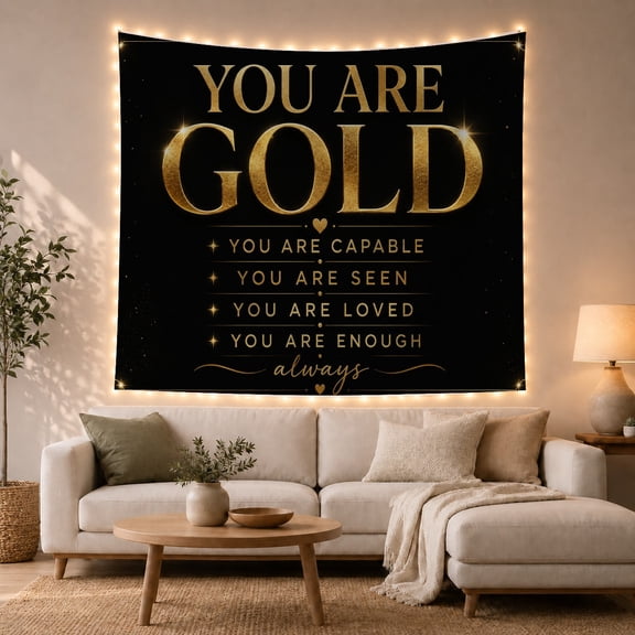 You Are Gold Motivational Text Against Black Background, Inspirational Minimalist for Teen Girls, Empowering Wall Art Decor, Birthday Gift, Tapestry Wall Hanging for Bedroom and Dorm