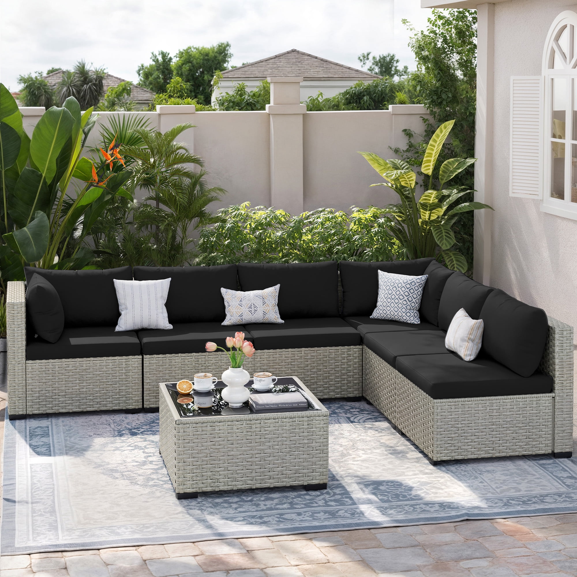 Amopatio 7 Pieces Patio Conversation Set, Outdoor Sectional PE Rattan Wicker Furniture Seat,BLACK