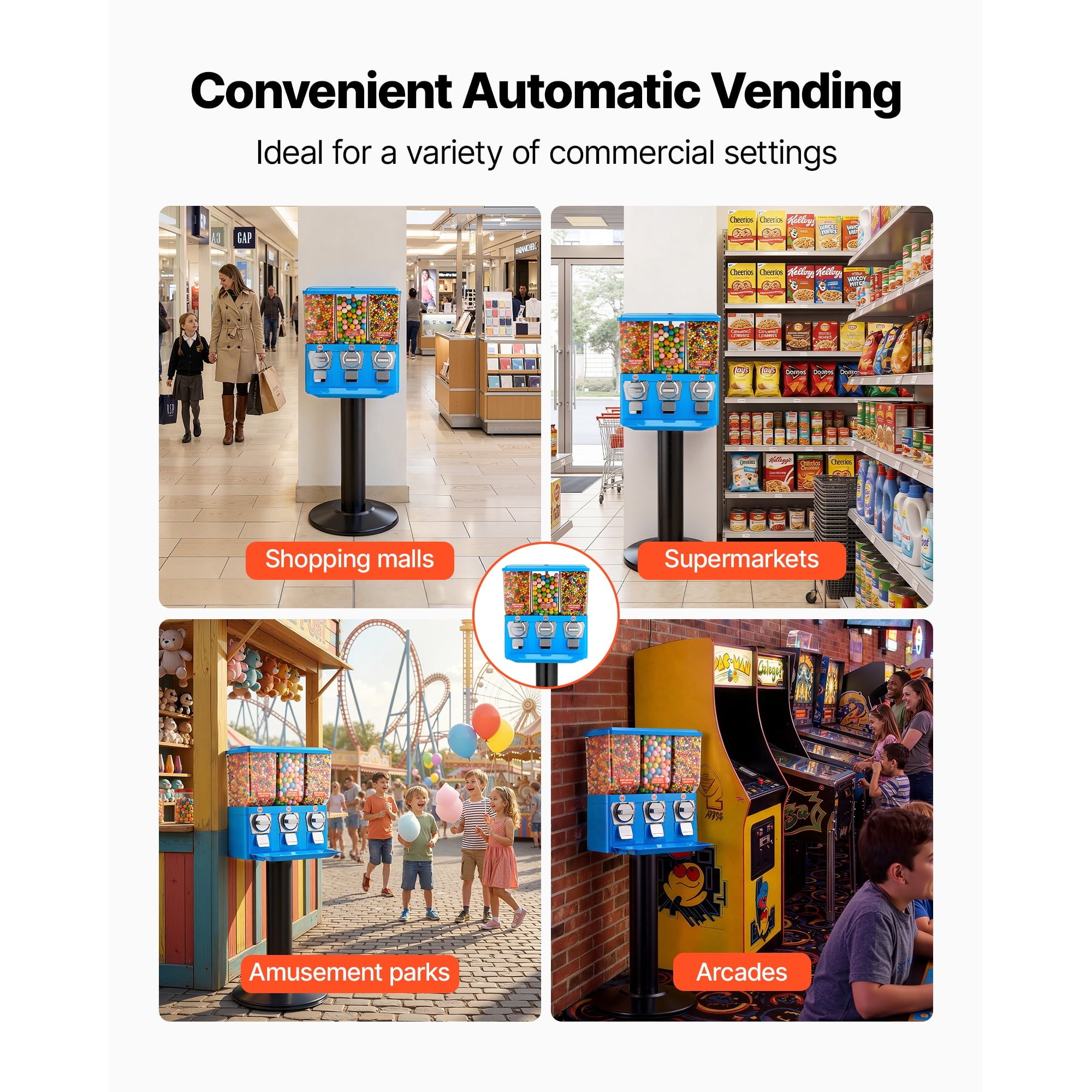 KFFKFF Triple Compartment Candy Vending Machine with Stand, Gumball and Candy Dispenser with Built-In Cash Box, Removable Design, Classic Candy Dispenser for Stores and Arcades