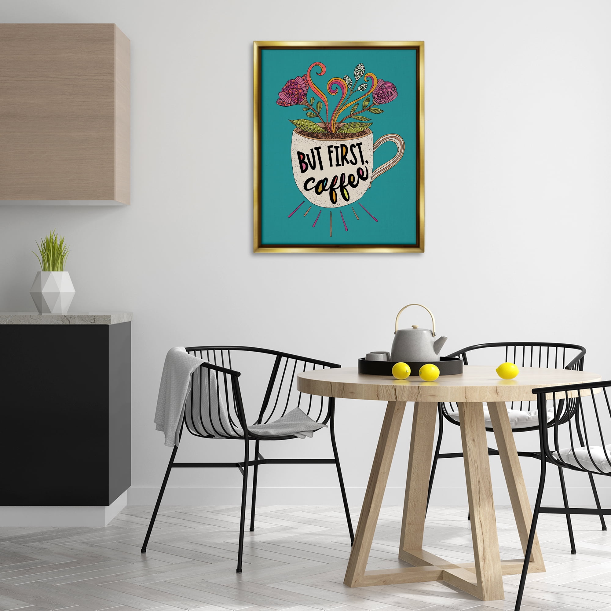 Stupell Industries First Coffee with Florals Botanical & Floral Painting Gold Floater Framed Art Print Wall Art, 25 x 31