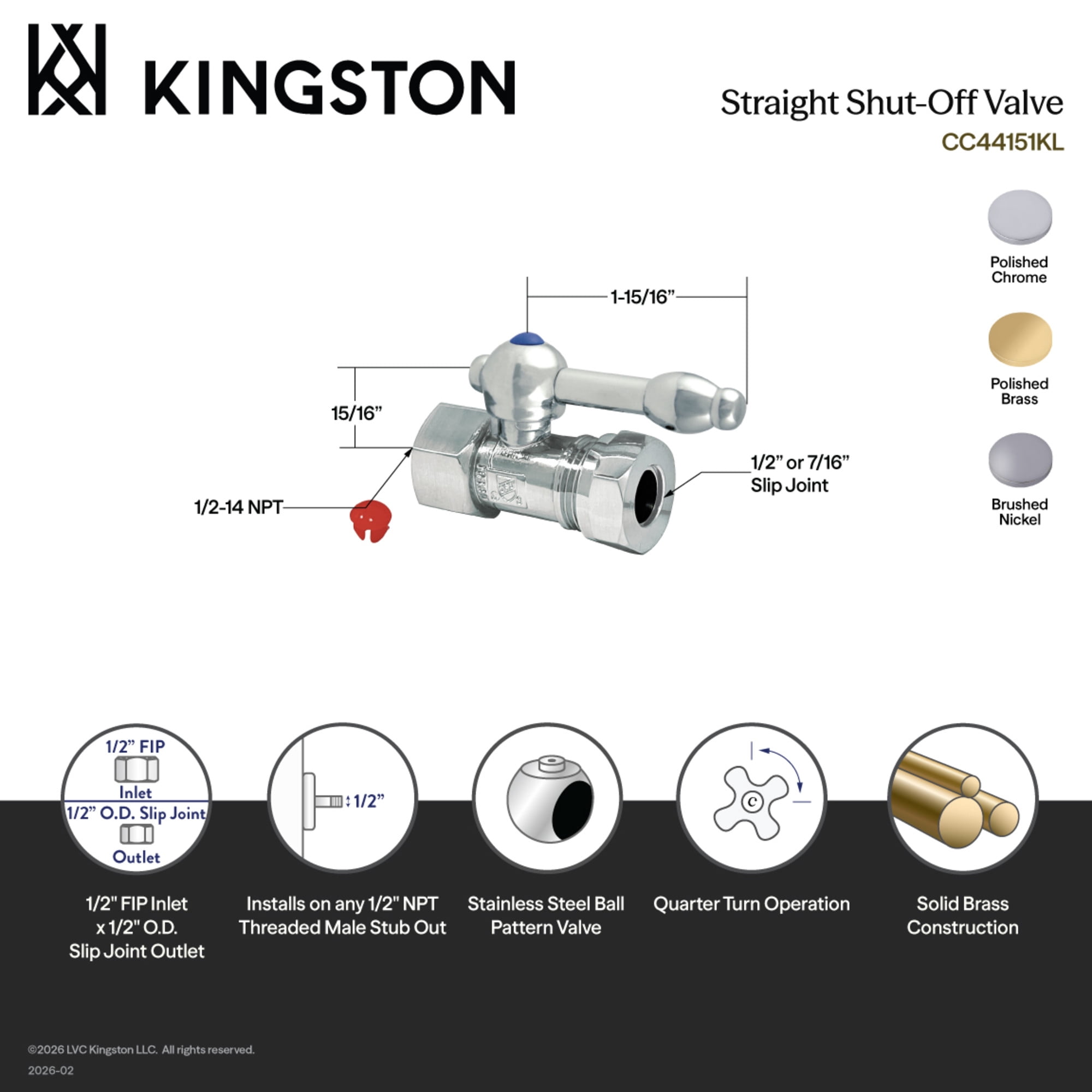 Kingston Brass CC44152KL 1/2-Inch FIP x 1/2-Inch or 7/16-Inch Slip Joint Quarter-Turn Straight Shut-Off Valve in Polished Brass