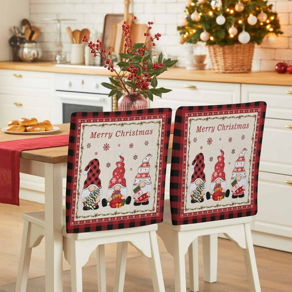 Christmas Gnome Chair Covers Set of 4 Xmas Dwarfs Snowflakes Retro Linen Red Plaid Chair Back Covers Stretch Removable Washable Slipcovers Protector for Dining Room Kitchen Party Decor