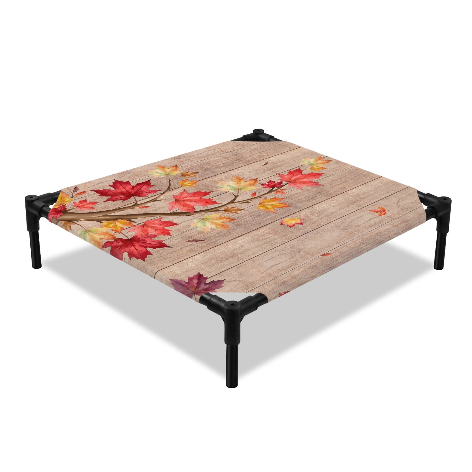 Fall Thanksgiving Elevated Dog Bed Rustic Red Yellow Maple Leaf Branch Wood Grain Cooling Breathable Outdoor Raised Dog Cot Bed with Metal Frame Non-Slip Feet for Small Dog 20x20in
