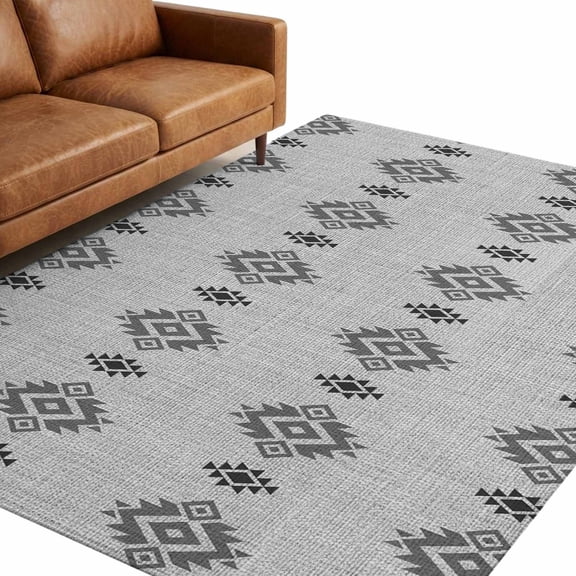 Diamond Pattern Washable Area Rug 5 x 8 ft Vintage Ethic Tribal Gray Geometric Linen Texture Soft Non‑Slip Rugs Stain Repellent Indoor Mats for Spacious Family Room, Long Dining‑Table, Sunroom