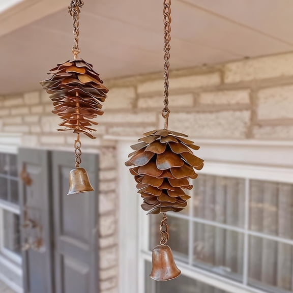 2 Pcs Pine Cone Wind Chimes Outdoor Hanging Decor, Rustic Metal Pinecone Chime with Bells for Garden Patio Porch Decoration, Decorative Wind Chime Ornament for Spring Home Yard Balcony Gift