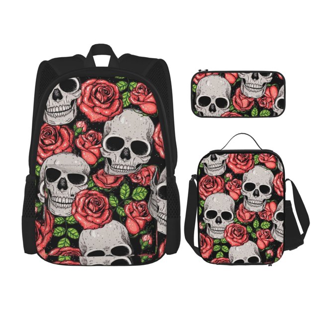 Balery Skull and Roses Mochila Escolar 3 en 1 para Niños - Mochila Resistente con Lonchera Térmica y Estuche - Mochila Escolar para Niños y Niñas