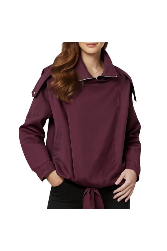 Stand Collar Tie Hem Jacket for Women, Long Sleeve Loose Fit, Elegant Casual Fall Outerwear, 1 Piece, S-L