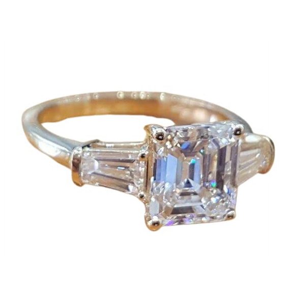 HeartsAndYou 2.5ct Emerald Cut Moissanite Three Stone Engagement Ring for Women 18k White Gold over Silver