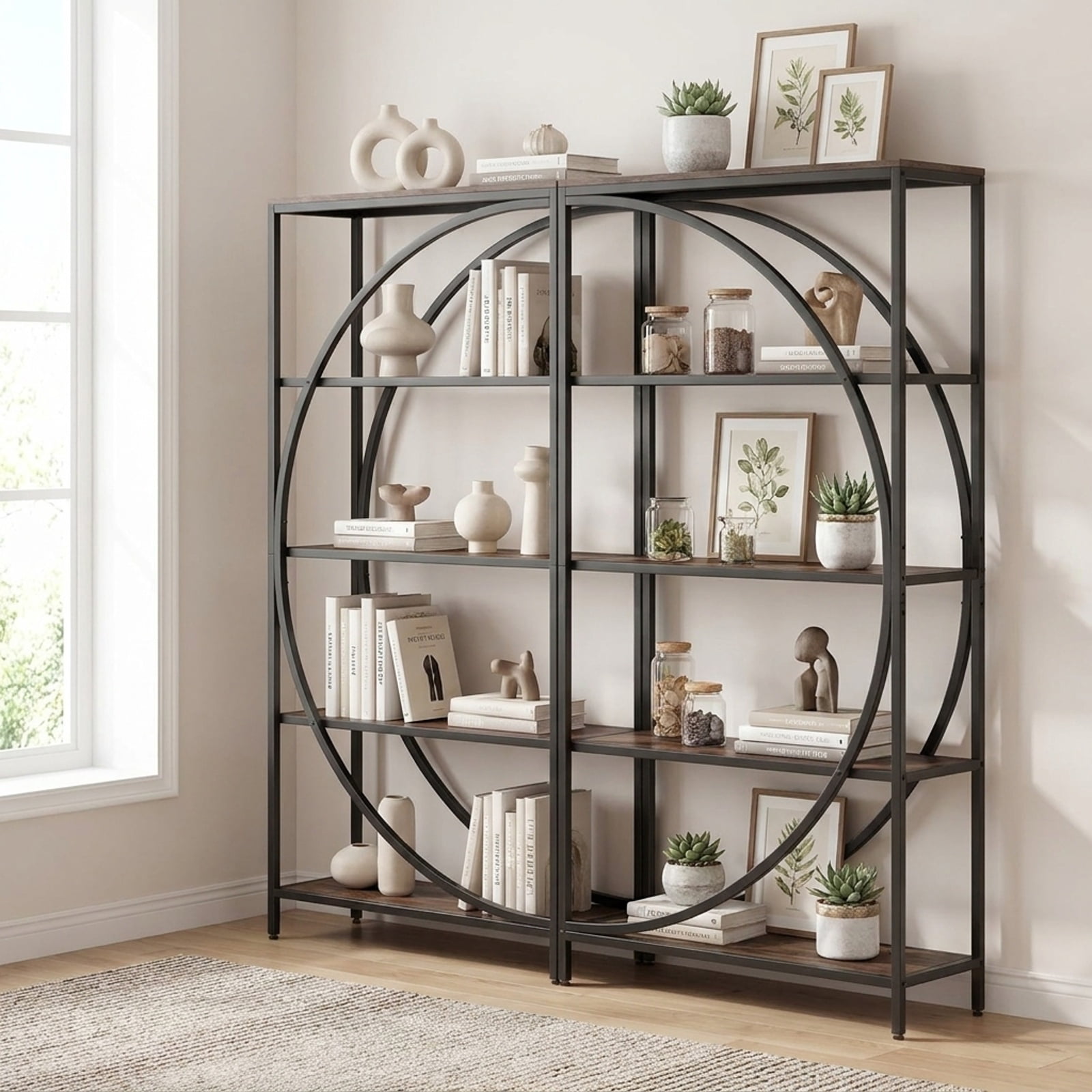Furnibear 5-Tier Bookshelf with Half-Moon Shape for Living Room and Home Office for Living Room Home Office Bedroom Display Storage, Rustic Brown