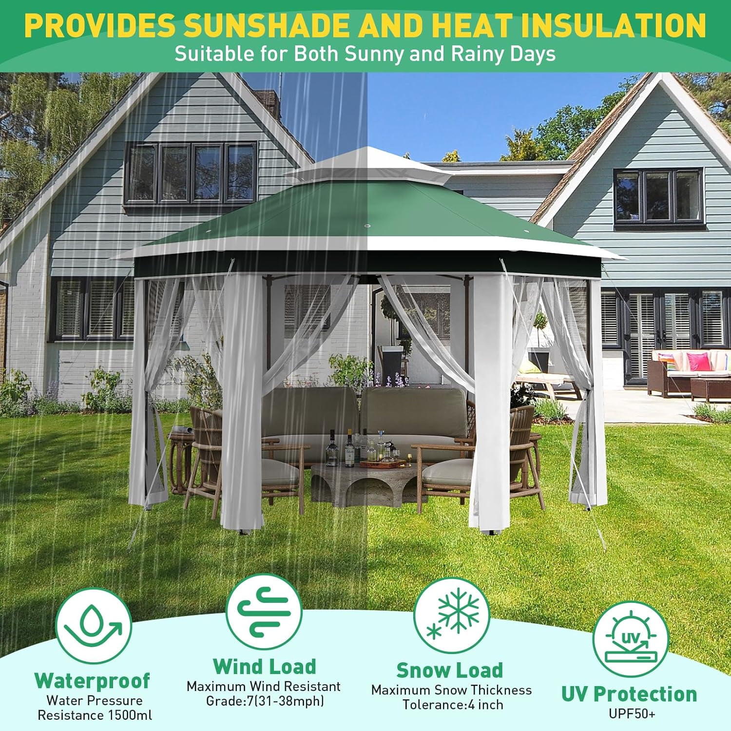 13x13 Ft Pop Up Gazebo Hexagonal Outdoor Canopy Tent with Mosquito Netting Dual Vent Roof Awning Waterproof, UV Resistant Height Adjustable for Backyard, Patio, Deck, Lawn Parties