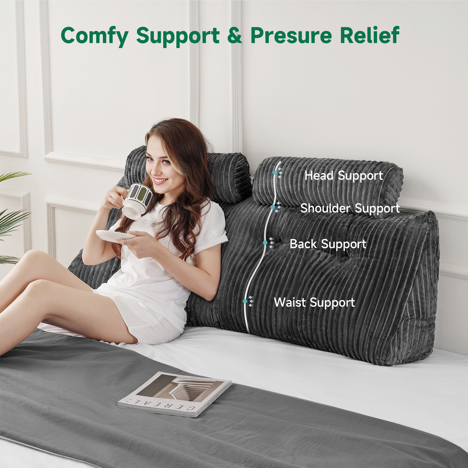 King Triangular Headboard Pillow, King Size Wedge Headboard Pillow with 2 Roll Pillows, King Bed Reading Pillows Large Backrest Wedge Pillow (Gray, King: 76”x20”x8”)