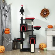 PawHut Gothic Cat Tree, 78 Cat Tower with Coffin Bed, 2 Spacious Condos, Sisal Scratching Posts, 4 Bat Hanging Balls, Comfy Hammock, Black Halloween
