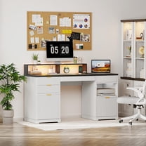 Fluted Executive Office Desk with Filing Cabinet and Drawers, Home Office Table Gaming Desk with Monitor Stand Lights, Cable Managerment and Charger, White&Black