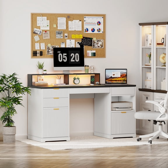 Fluted Executive Office Desk with Filing Cabinet and Drawers, Home Office Table Gaming Desk with Monitor Stand Lights, Cable Managerment and Charger, White&Black