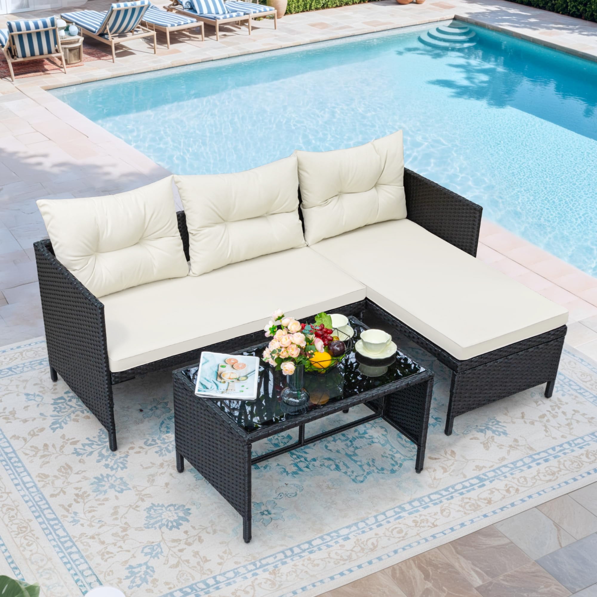 Aukfa Outdoor Patio Wicker Rattan Sectional Sofa with Table & Beige Cushions for Yard, Garden, Porch