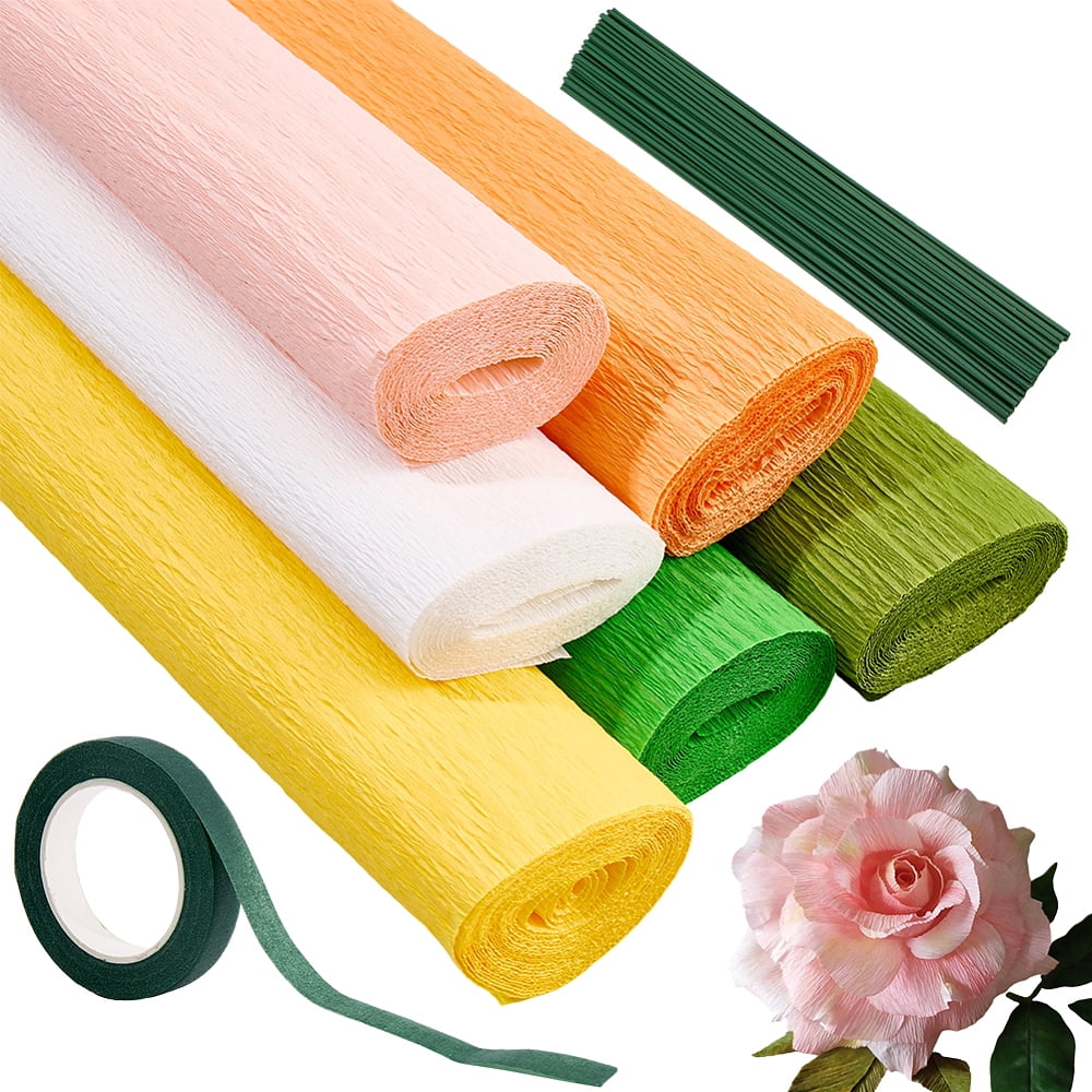 6 Rolls 6 Colors Handmade Crepe Paper with 2 Rolls Garden Grafting Paper Tape and 50Pcs Plastic with Iron Floral Stem 2500x250x0.1mm