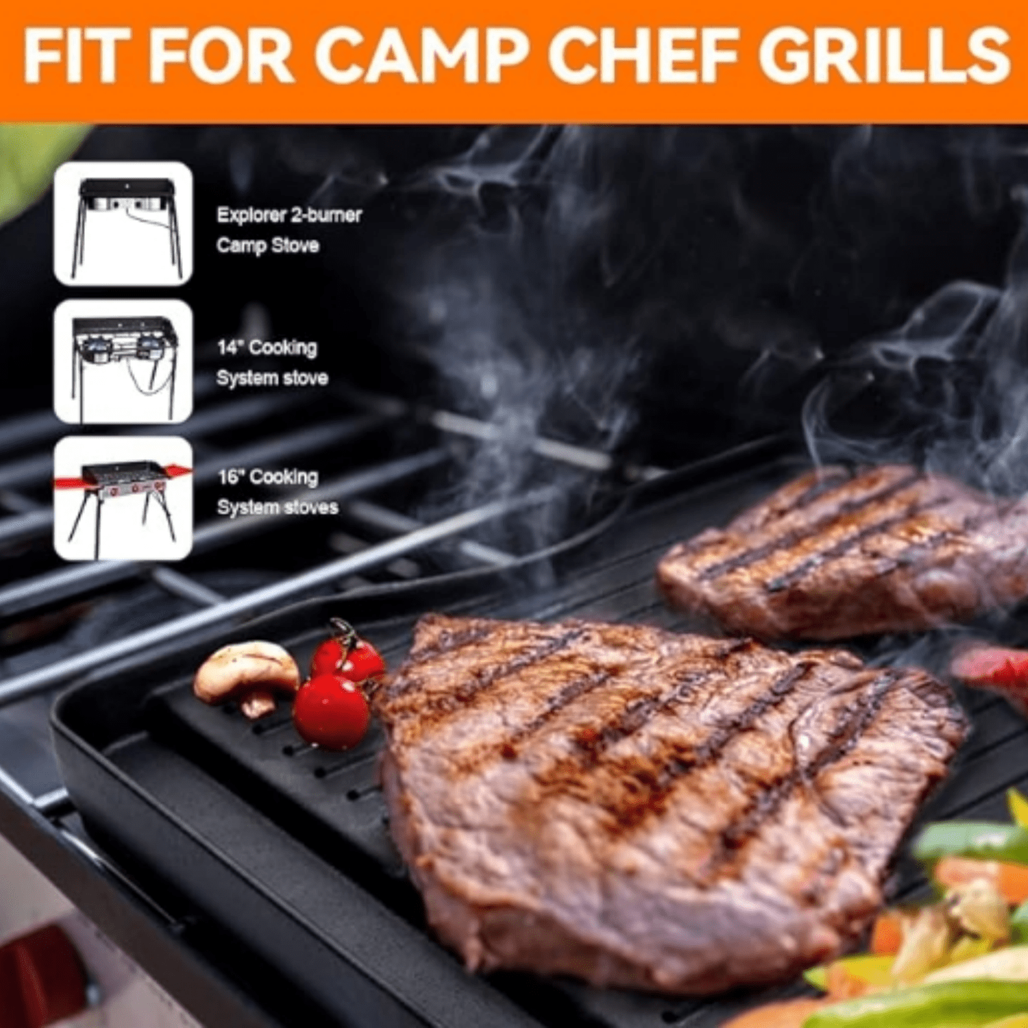 Reversible Cast Iron Grill Griddle for All Camp Chef 14" and 16" Stoves, Double Side Griddle for Camp Chef Explorer 2-Burner, 3-Burner, Single Burner Stove, Cooking Surface 14" x 16"