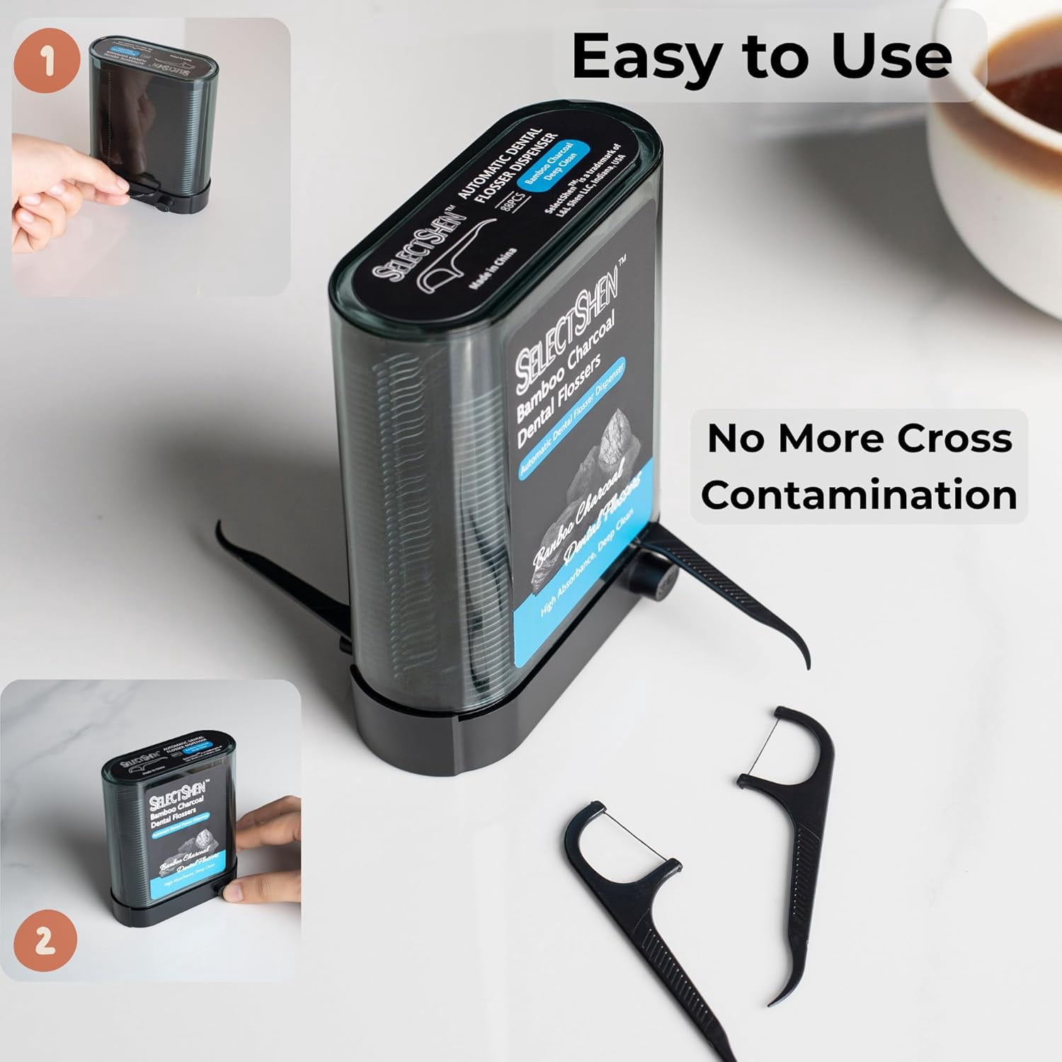 Dental Floss Picks, Floss Dispenser – Bamboo Charcoal Floss, Travel Friendly, Oral Care by General™ (Black, Dispenser 2pk)