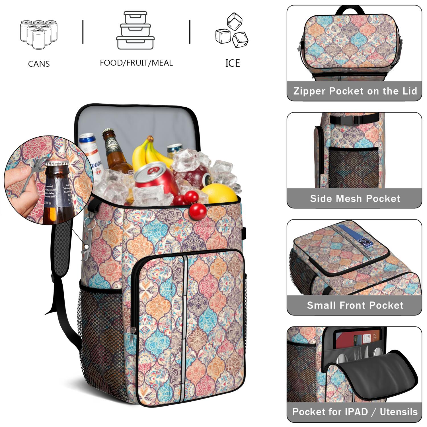 Travel Cooler Bag - Boho Bohemia Flower Camping Beer Cooler Backpack with Bottle Opener- Waterproof Insulated Picnic Backpacks - Cooler Bag for Beach