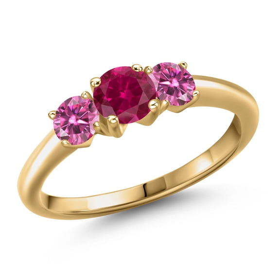 Gem Stone King 18K Yellow Gold Plated Silver Red Created Ruby and Pink Moissanite Engagement Ring for Women | 1.06 Cttw | Round 5MM | Gemstone July Birthstone | Size 8