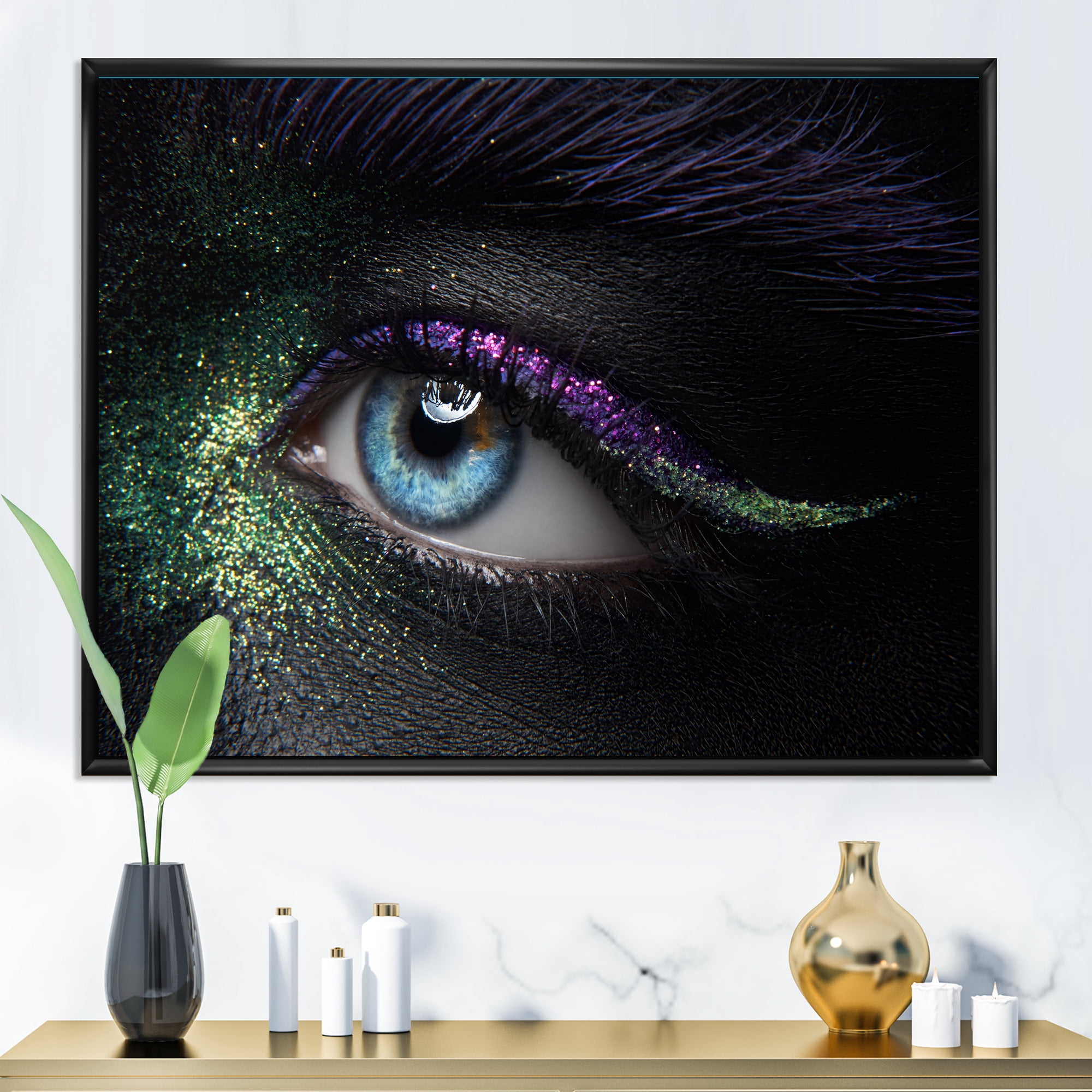 Designart 'Woman Eyes With Green & Purple Pigment & Sparkles' Modern Framed Canvas Wall Art Print