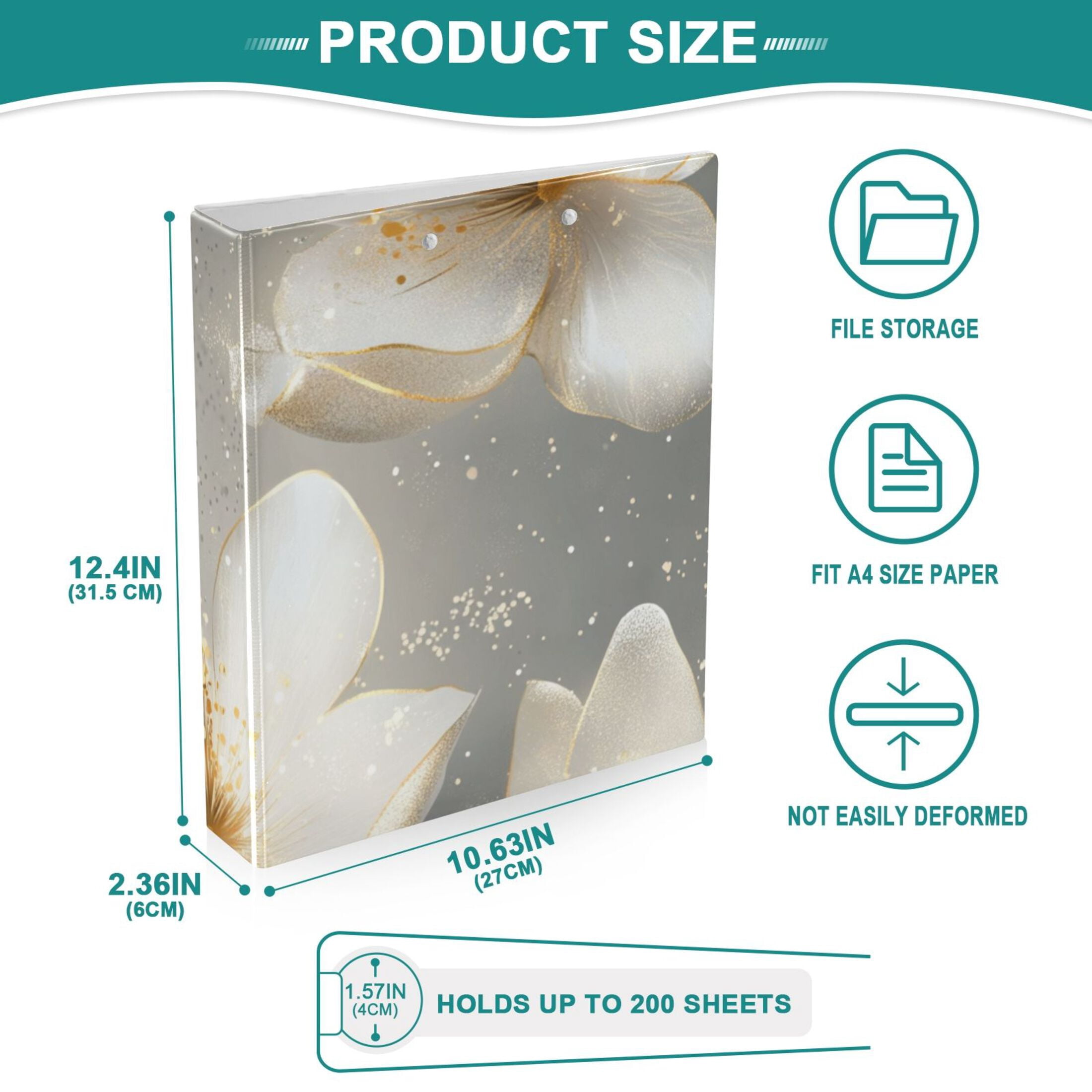 Gold Flowers 3 Ring Binders 1.5 inch Hardcover File Folders with Interior Pockets A4 Size Organizer for School Office Hospital