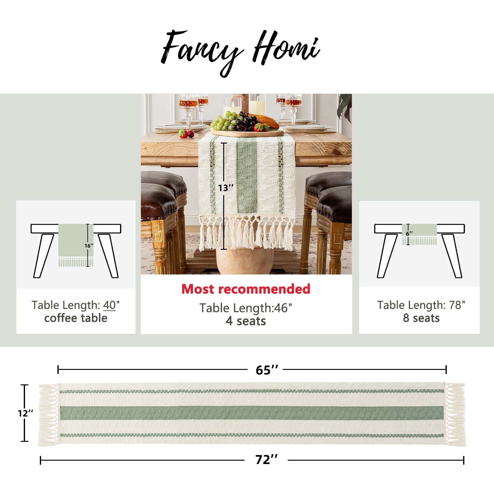 Fancy Homi Sage Green Table Runner 72 inches Long Boho Macrame Table Runner for Home Decor, Farmhouse Table Runners with Tassels for Party Bohemian Rustic Bridal Shower Dining Decor 12x72 inches