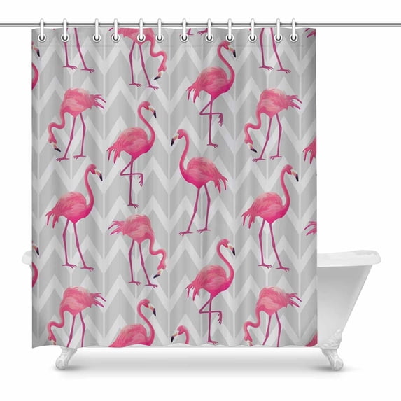 SUNENAT Tropical Pink Flamingos Animal with Grey Chevron, Parrot1 Waterproof Polyester Bathroom Shower Curtain 72(Wide) x 84(Height) Inches