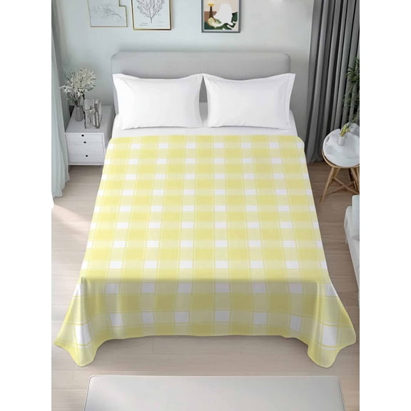 Queen Size Flat Sheet Only,Country Yellow Geometric Checkered Soft Top Bed Sheets Breathable Bedding Sheet Minimalist Plaid Style Microfiber Hotel Luxury Top Sheets