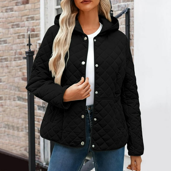 SYMOID Womens Black Quilted Hooded Jacket - 100% Polyester, Lightweight Warmth, Diamond Quilt, Machine Washable, Flattering Fit, Sizes S-XXL for Spring/Fall Layering,Size L