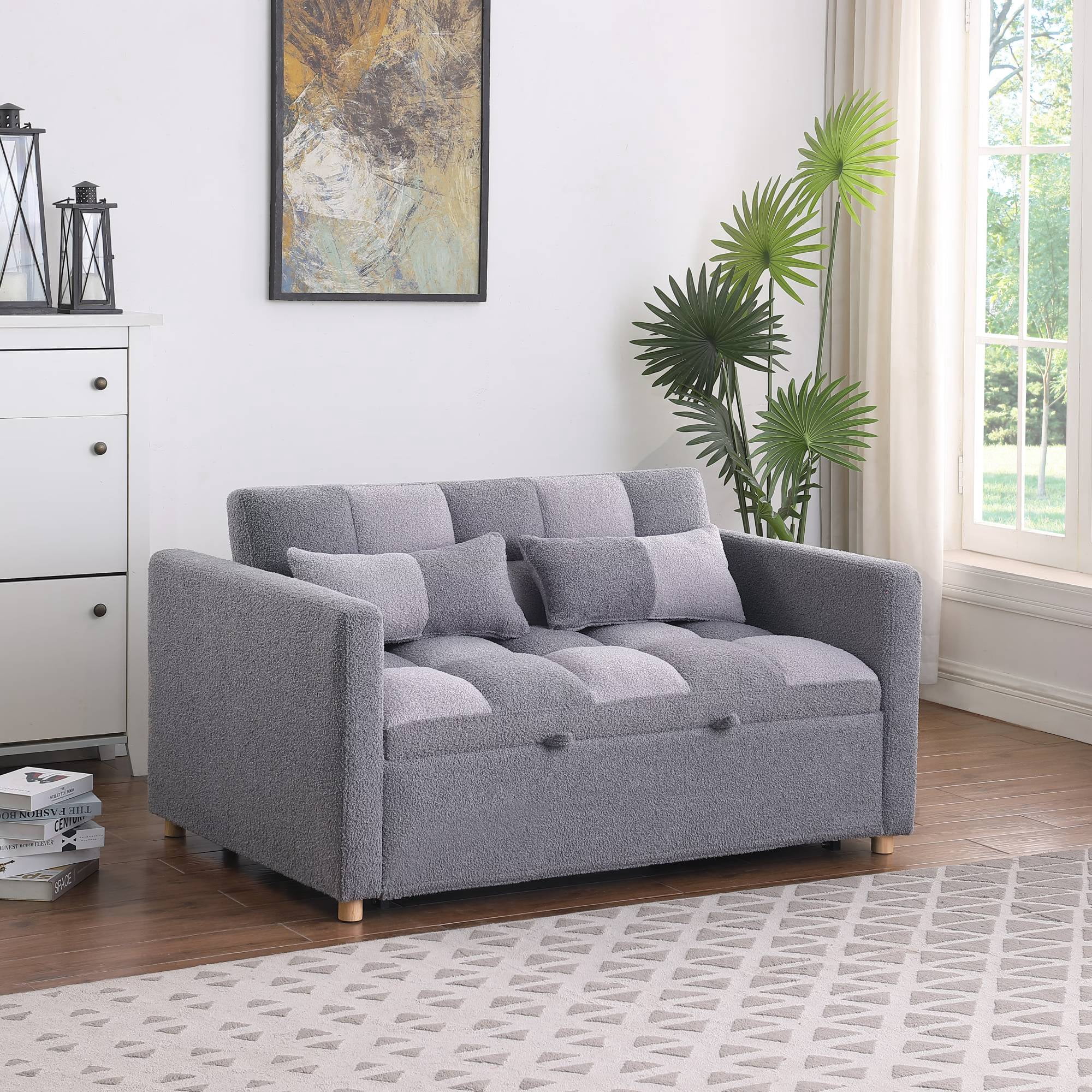 3 in 1 Convertible Pull Out Sofa Bed, Teddy Sleeper Sofa Couch with Adjustable Backrest, Loveseat with Pull Out Bed for Living Room, Grey