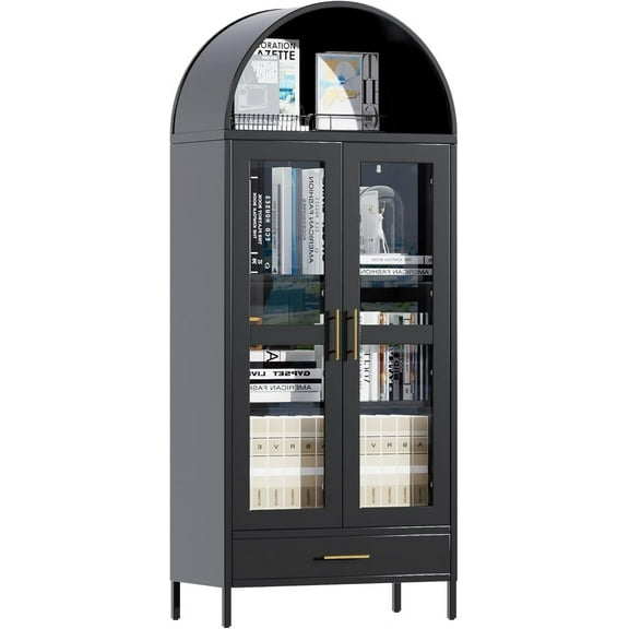 73In Tall Metal Arched Cabinet, Kitchen Pantry Cabinet with Glass Door, Modern Farmhouse Display Bookcase with 1 Drawer and 2 Adjustable Shelves for Living Room, Black, Assembly Required