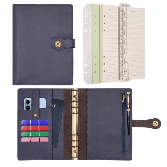 Wonderpool A5 Binder Journal Leather Spiral Notebook Refillable College Ruled Paper, Budget Binder Rings Diary Organizer with Pen for Office School Travel Business Planning Writing (Black,A5)