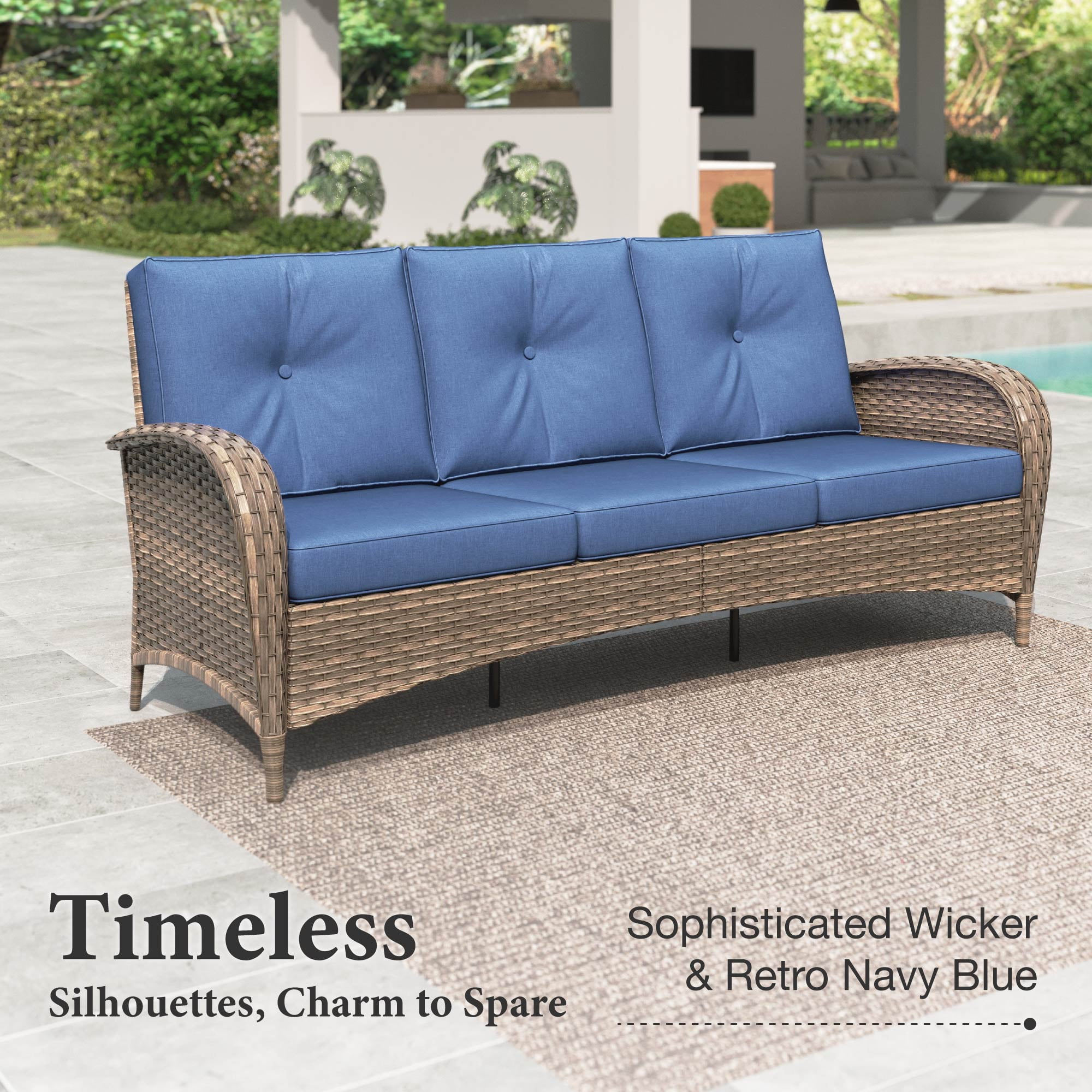 Summit Living 7-Seat Wicker Outdoor Patio Furniture Set with 2 Swivel Glider Rocking Chairs, 3-Seat Sofa, 2 Ottomans & Glass Top Coffee Table, 6-Piece Outdoor Patio Conversation Set, Navy Blue