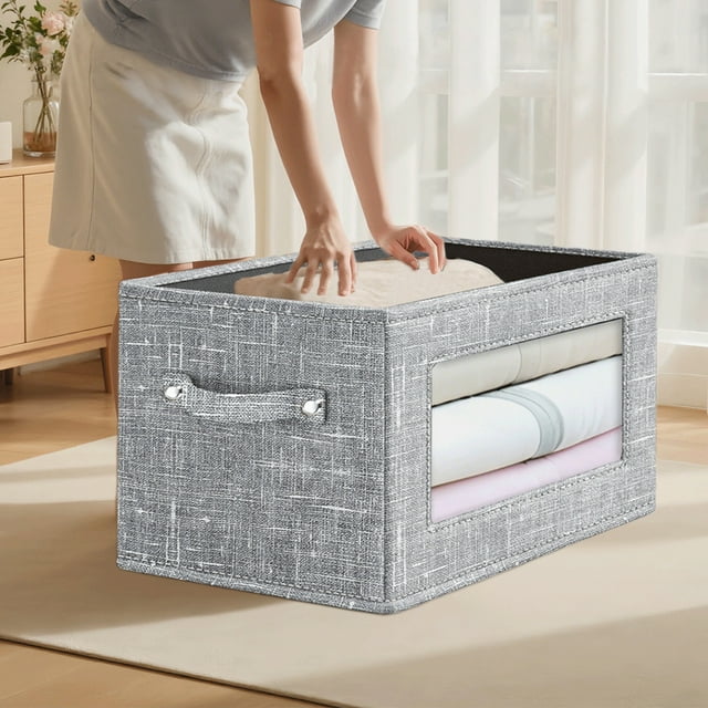 Caja de almacenamiento plegable con ventana frontal de PVC transparente | Organizador plegable de tela de poliéster gris para juguetes, ropa y ropa de cama | Contenedor de almacenamiento plegable