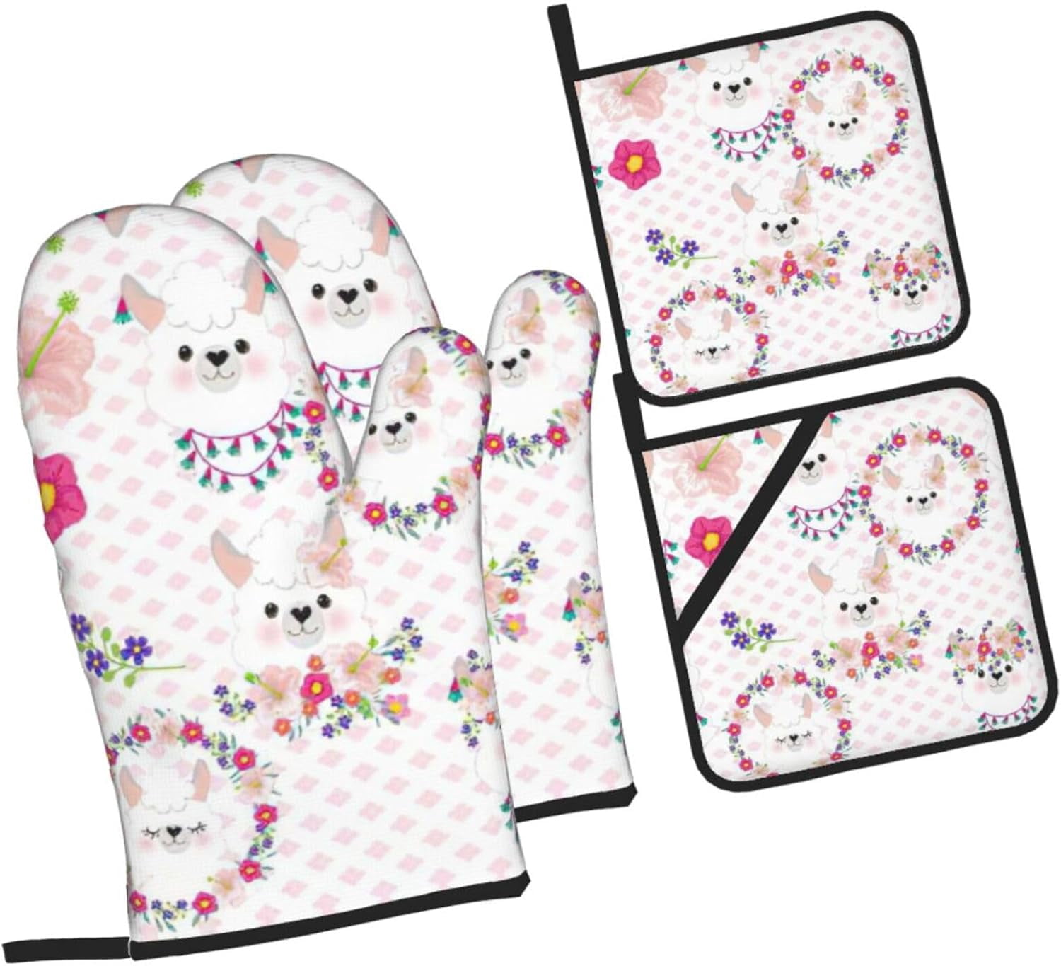 Cartoon Llama Alpaca Oven Mitts and Pot Holders Sets for Kitchen 4 Pcs 7"X11" Heat Resistant Baking Cooking
