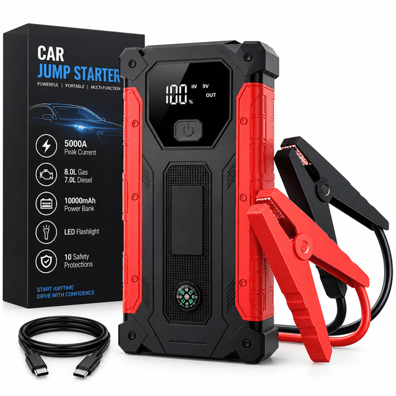 Car Jump Starter,5000A peak 12V Battery Jump Box with Quick Charge Out(up to 6.0L Gas and 4.0L Diesel Engines), Portable Battery Booster pack Power Bank Car Starter
