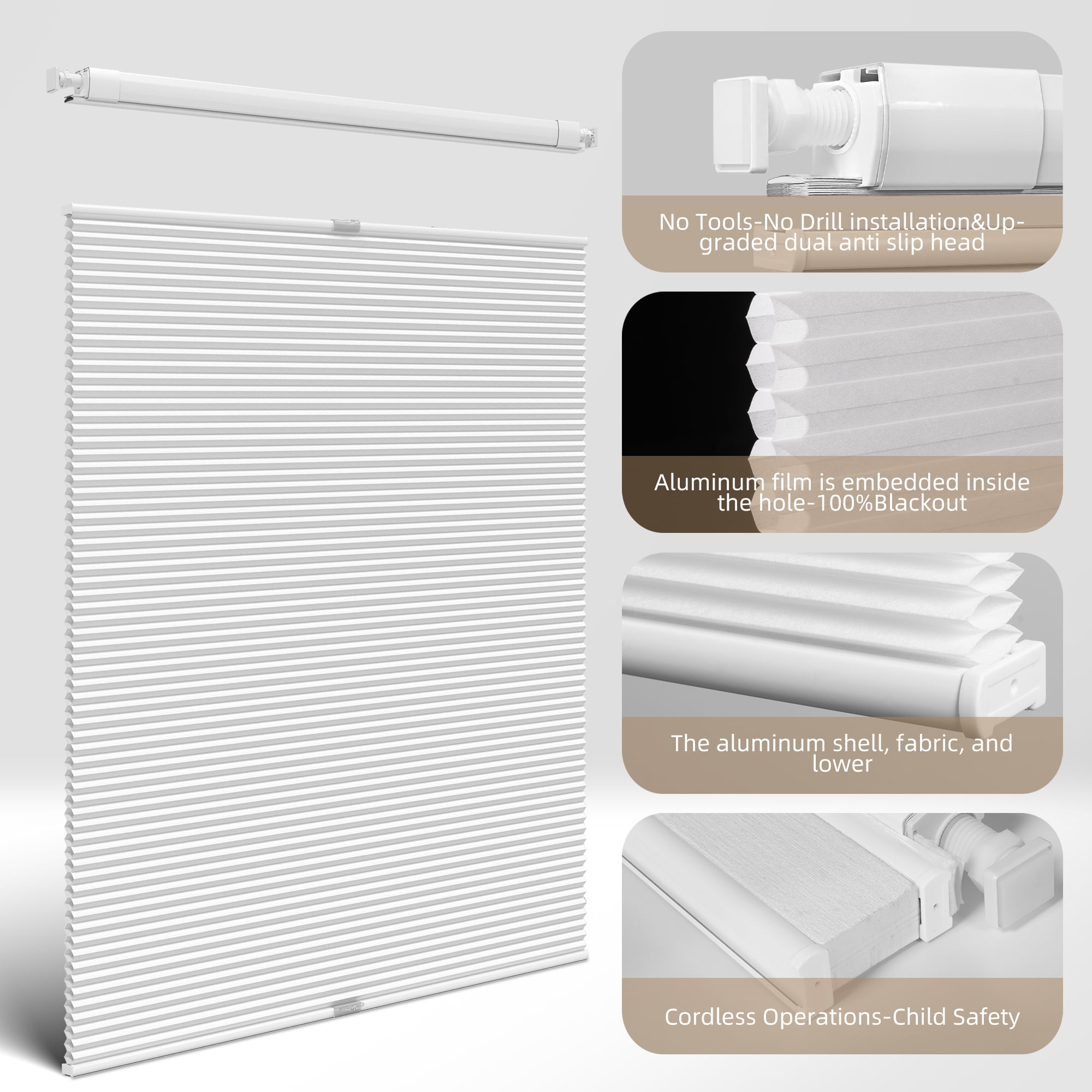 BERISSA No Drill No Tools Cellular Shades Top Down Bottom Up Honeycomb Blinds Blackout Cordless Window Blinds Easy to Install Cellular Shade for Windows,White,34" W x 48" H